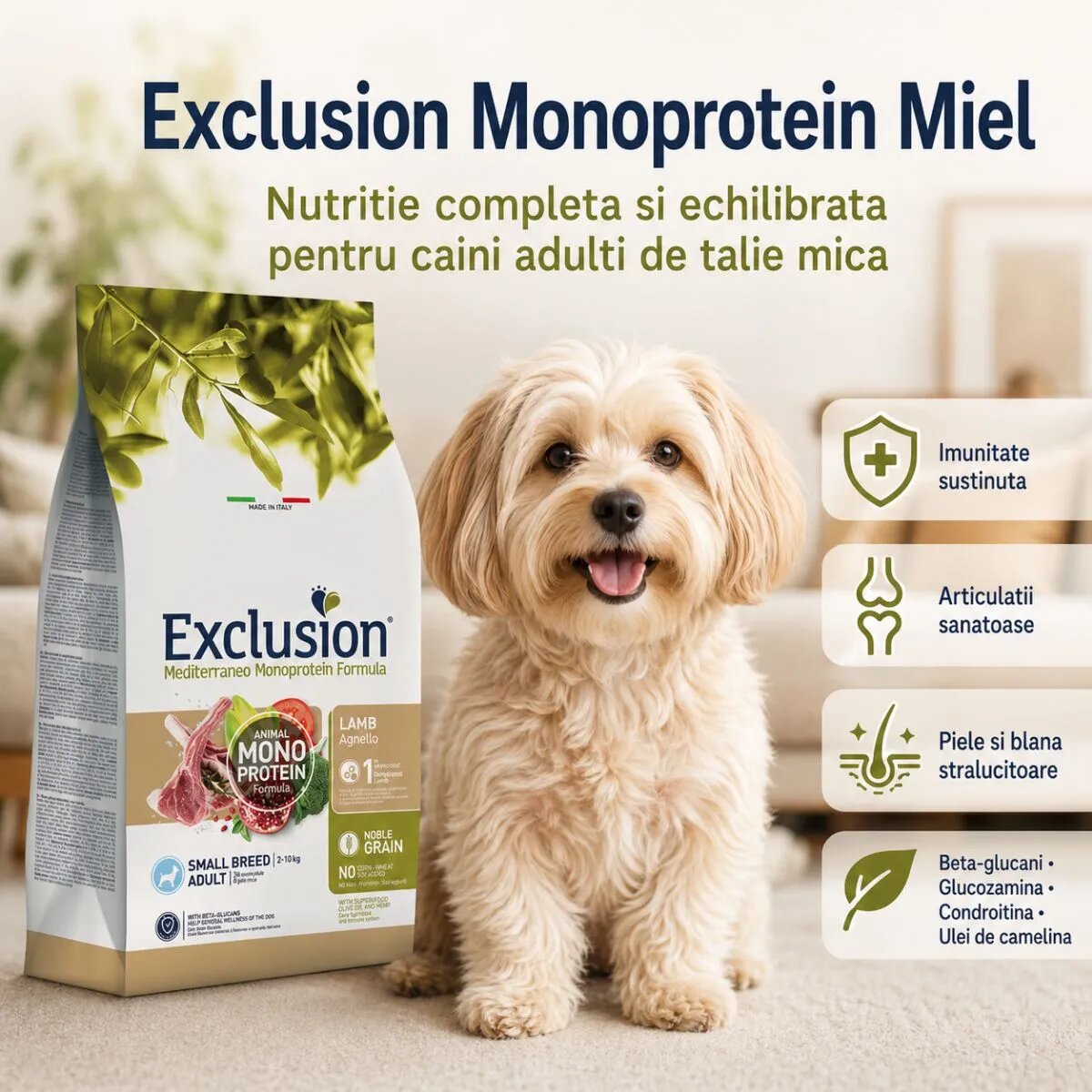 EXCLUSION Mediterraneo Monoprotein Formula Small Breed XS-S Miel și Orez hrană uscată monoproteică câini 2kg
